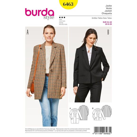 Burda Style Womens Jacket Blazer Sewing Pattern 6463 Sizes 8-20 - Picture 1 of 5
